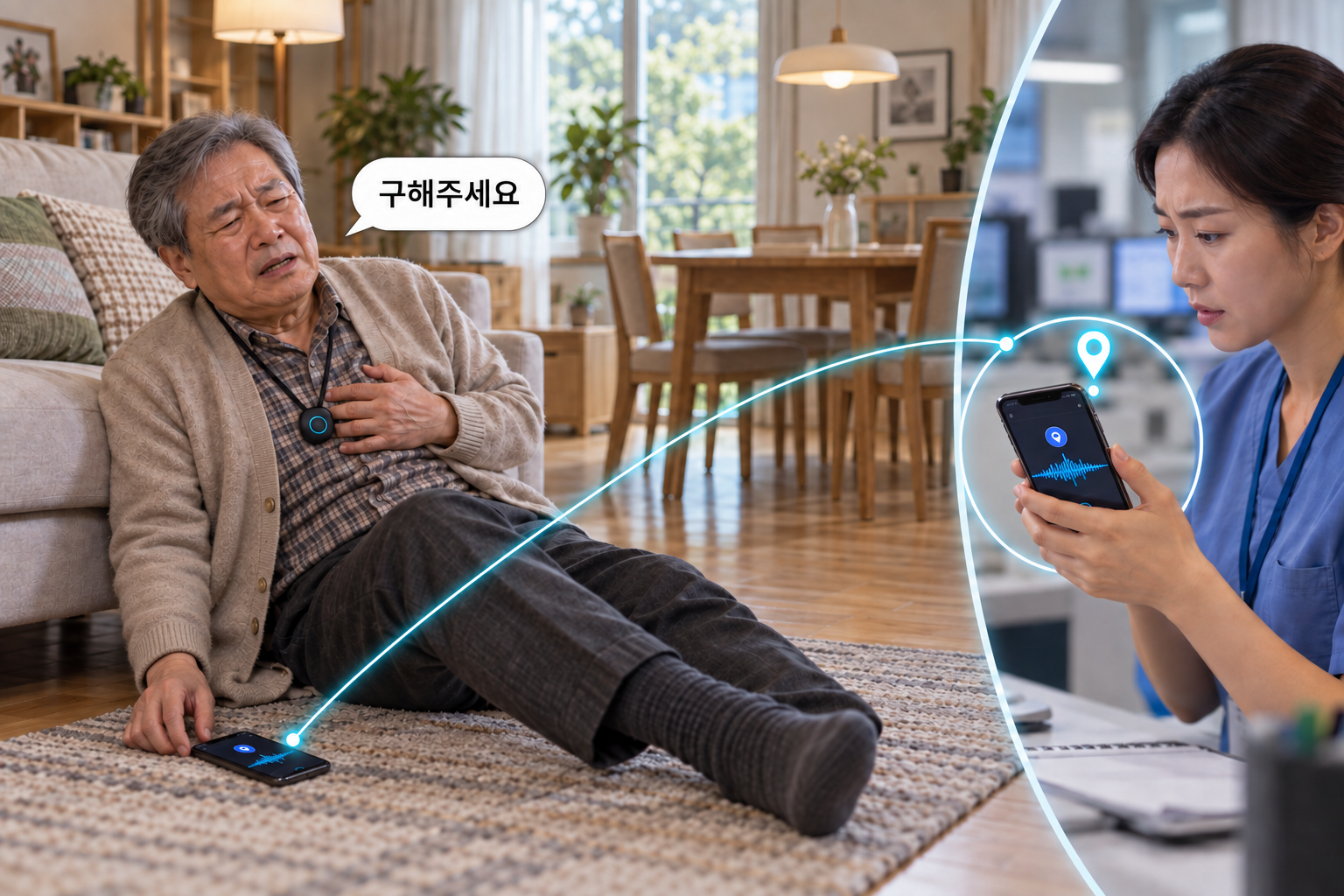 집에서 갑작스러운 가슴 통증을 겪는 노인이 테그벨을 누르고, 힘이 빠진 손 바로 옆에 놓인 스마트폰을 통해 구해주세요라는 음성과 위치를 사전 지정 병원 담당자에게 전달하는 서비스 시나리오